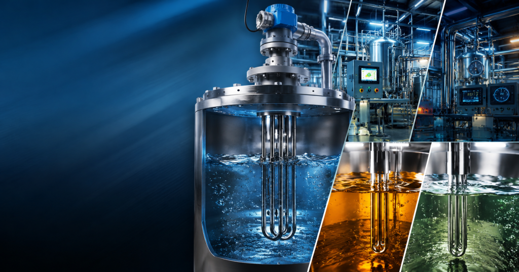 Immersion heater installed in an industrial process tank for efficient water, oil, and chemical heating applications.